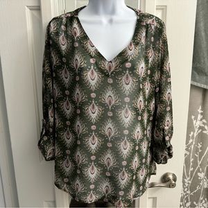 Alice Blue Sheer 3/4 Sleeve Feather Print Blouse Shirt Gold Button S